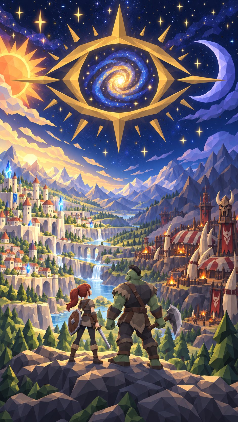 A swordswoman and an orc overlook two fantasy cities beneath a celestial gold eye.